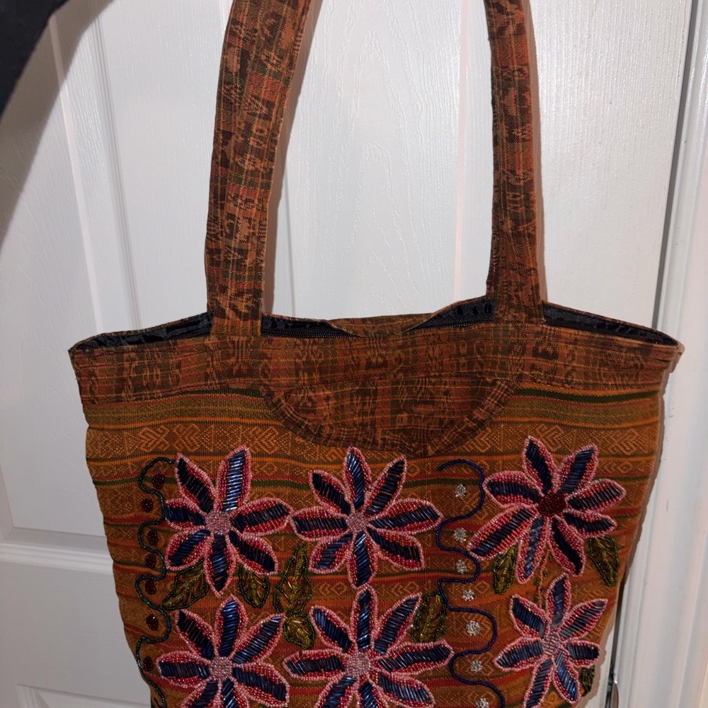 Embroidered Floral Tote Bag in Brown and Pink